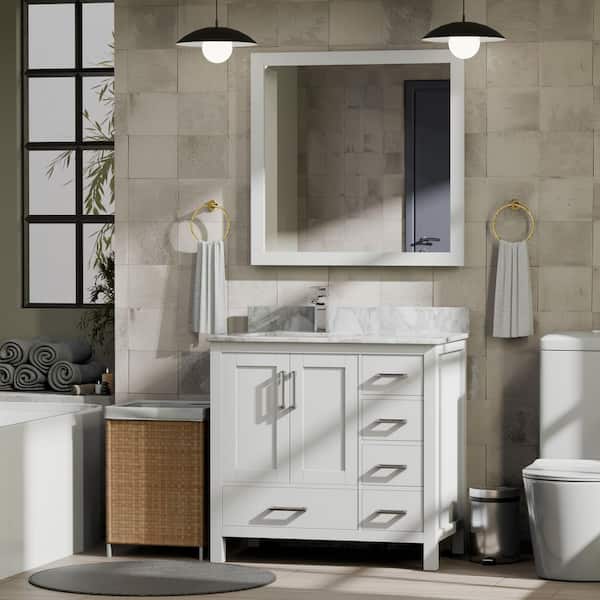 Jacques 36 in. W x 22 in. D Left Offset White Bath Vanity without Top and 34 in. Mirror