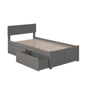 Orlando Grey Twin Solid Wood Storage Platform Bed with Flat Panel Foot Board and 2 Bed Drawers
