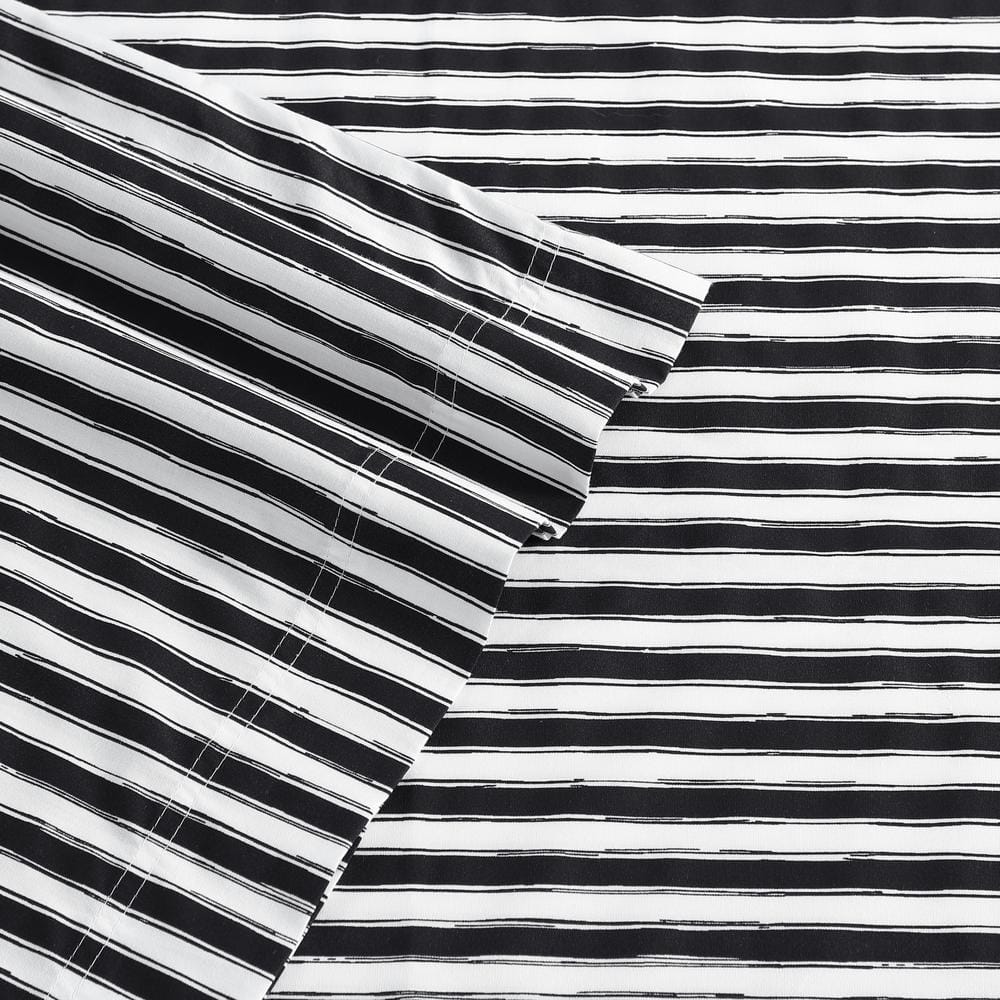 Twin White and Black Striped Cotton Percale Sheet Set