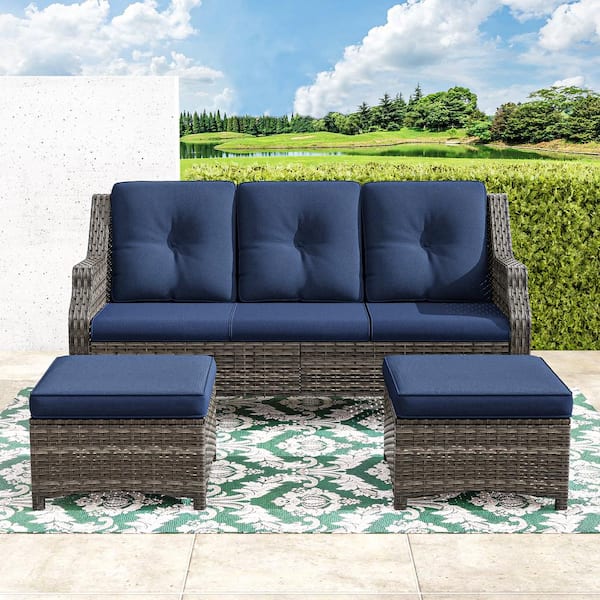 Wicker Outdoor Patio Sofa Sectional Set with Blue Cushions and Ottoman