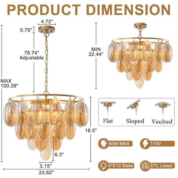 MENCOLULU 24 in. 6-Light Modern Gold Bubble Glass Chandelier