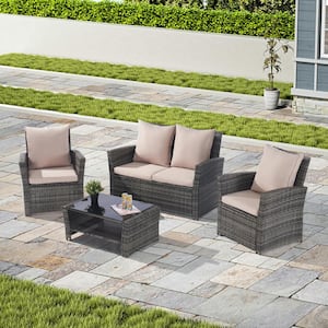 4-Piece Wicker Outdoor Patio Conversation Set with Thick Khaki Cushion and Tempered Glass Coffee Table