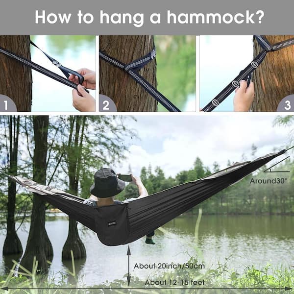 9.5 ft. Portable Large Camping Parachute Nylon Hanging Hammock with Mosquito Net in Black