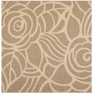 Courtyard Coffee/Sand 7 ft. x 7 ft. Square Floral Indoor/Outdoor Patio  Area Rug