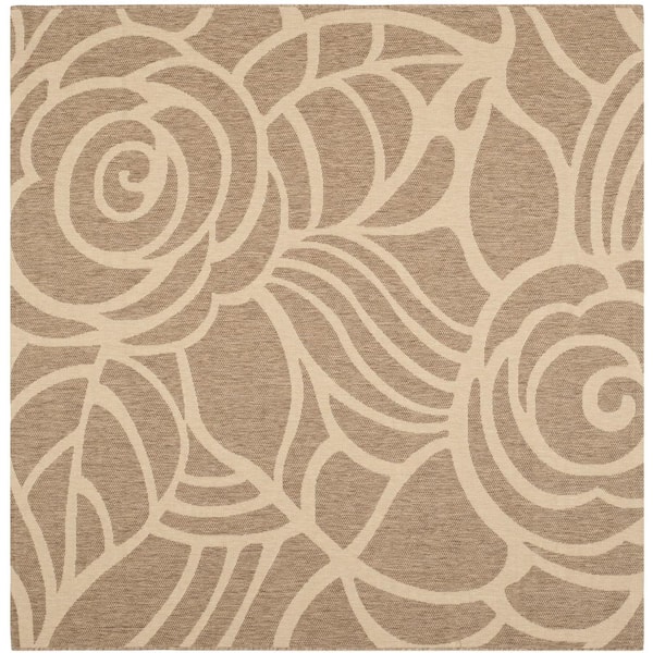 SAFAVIEH Courtyard Coffee/Sand 7 ft. x 7 ft. Square Floral Indoor/Outdoor Patio  Area Rug
