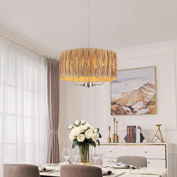 5-Light Nickel Candle Design Hanging Linear Chandelier Lighting Fixture with Lafite Shade for Kitchen Island