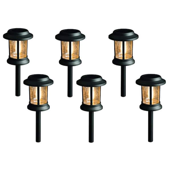 Hampton Bay 12 Lumens Black Integrated LED 3000K Outdoor Solar Landscape Path Light Set with Vintage Bulb and Seedy Glass (6-Pack)