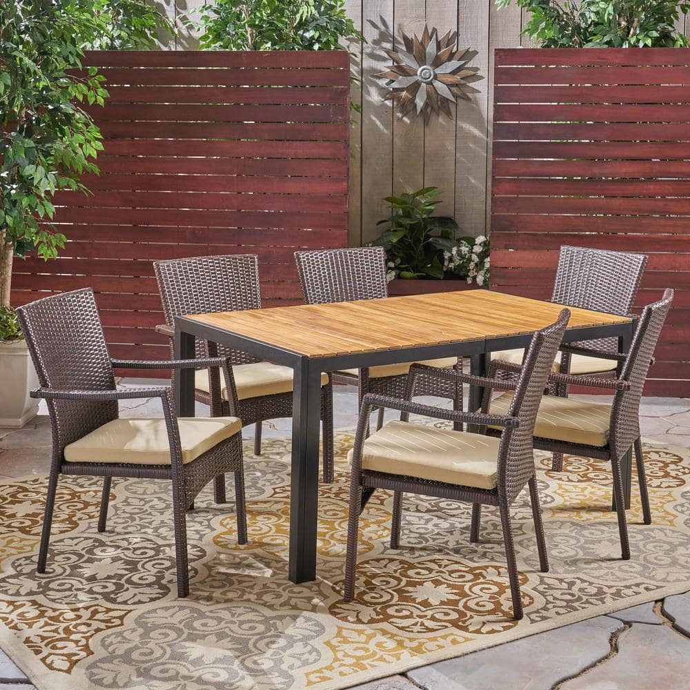 Goodwin Teak Brown 7-Piece Wood and Faux Rattan Outdoor Patio Dining Set with Cream Cushions