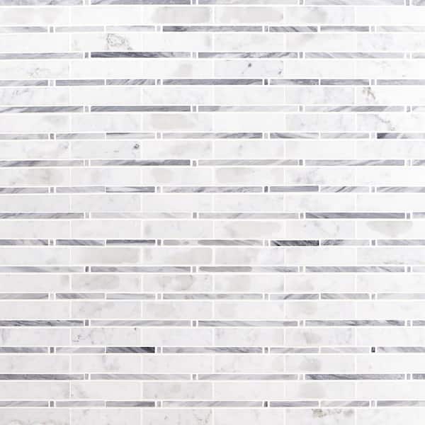 Ivy Hill Tile Elder White Carrera and Dark Brdiglio Line 12 in. x 12 in. x 10 mm Polished Marble Mosaic Tile