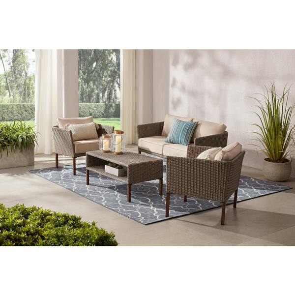 StyleWell Oakshire 4-Piece Wicker Outdoor Deep Seating Set with Tan Cushions