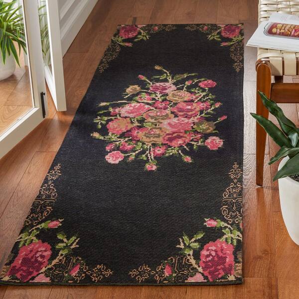 Classic Vintage Black/Red 2 ft. x 6 ft. Floral Geometric Runner Rug