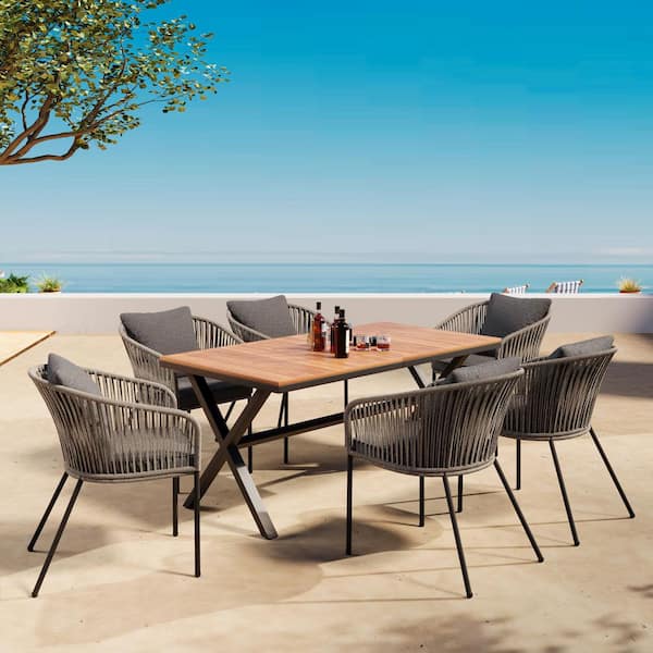 Sudzendf 7-Piece Metal Outdoor Dining Set with Grey Cushion, Acacia Wood Tabletop for Garden, Backyard, Balcony