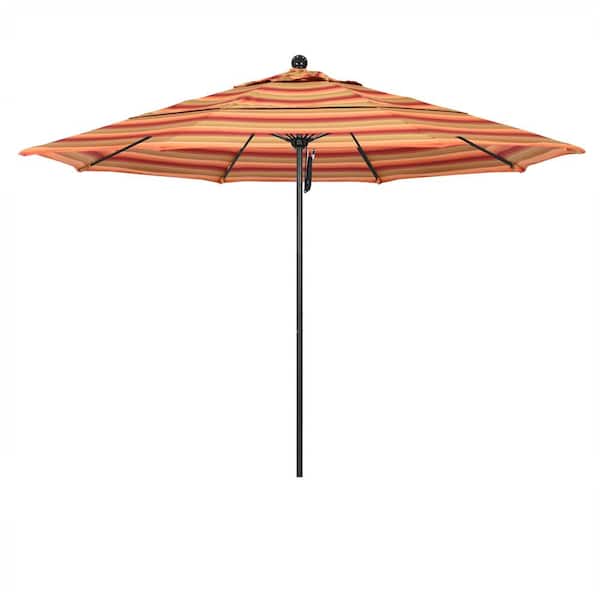 California Umbrella 11 ft. Black Aluminum Commercial Market Patio Umbrella with Fiberglass Ribs and Pulley Lift in Astoria Sunset Sunbrella