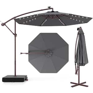 10 ft. Steel Hanging Offset Umbrella 32 LED Lights Sand Bag Cantilever Patio Umbrella in Dark Gray