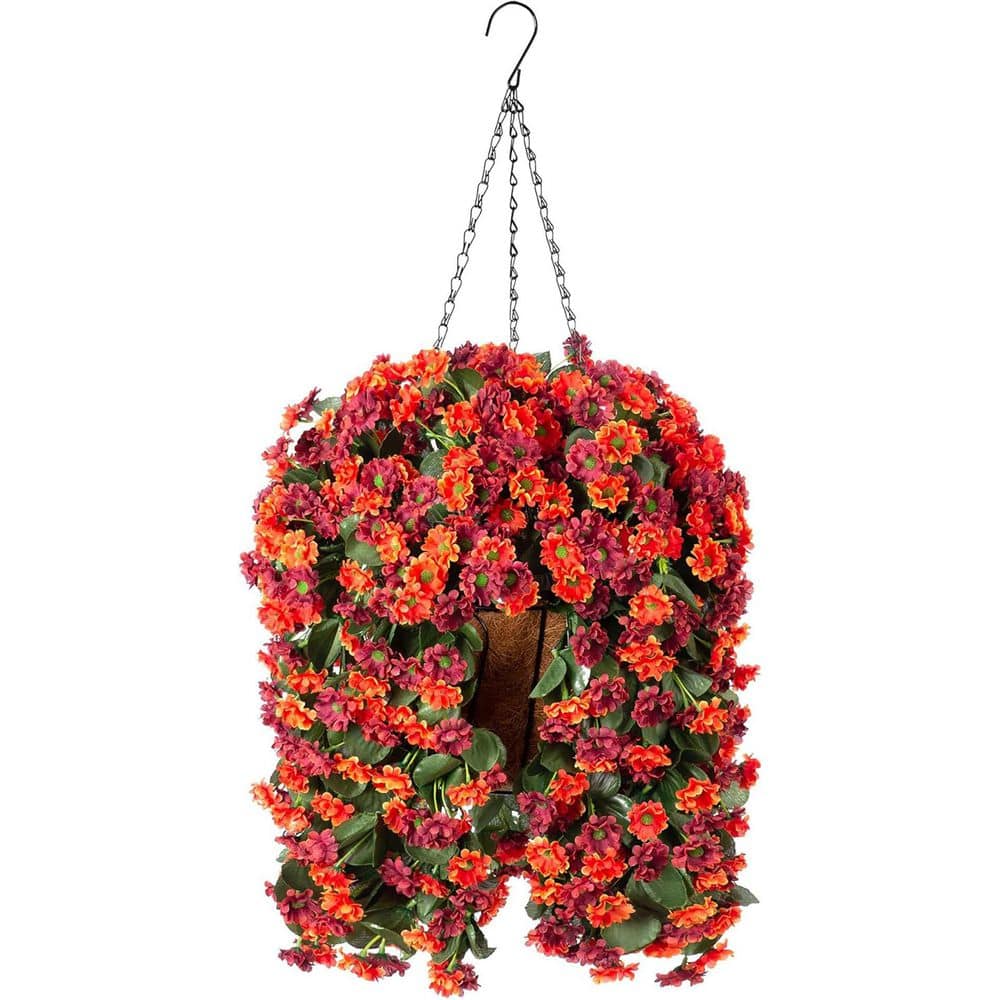 25 in. Orange Brown Outdoor Artificial Mums Bush Flowers in Brown Hanging B