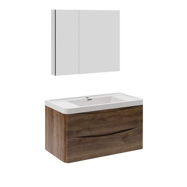 Fresca Tuscany 36 in. Modern Wall Hung Bath Vanity in Rosewood with Vanity Top in White with White Basin and Medicine Cabinet