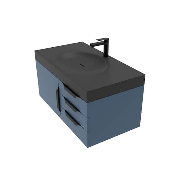 castellousa 36 in. W x 19 in. D x 16.25 in. H Single Floating Bath Vanity in Matte Blue w/ Black Trim w/ Solid Surface Black Top