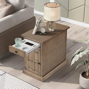 24.3 in. Antique Brown Solid Wood End Table Side Table with USB Ports and Drawer with Cup Holders, No Assembly Needed