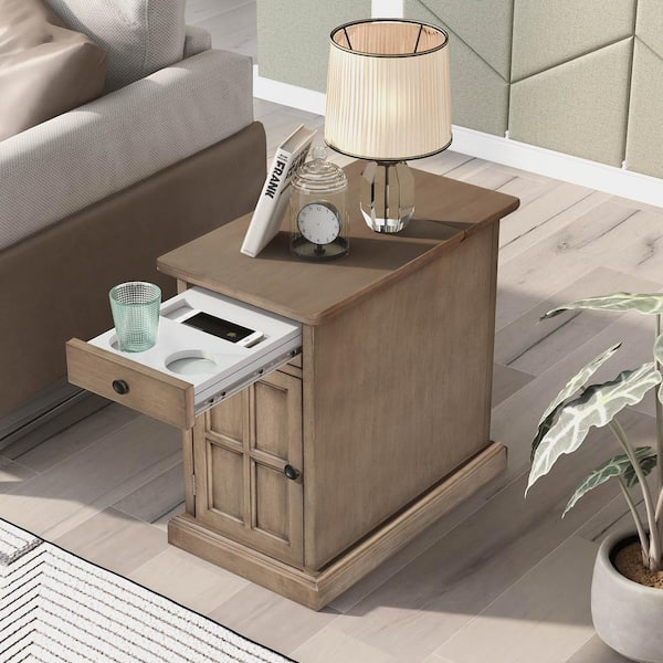 Harper & Bright Designs 24.3 in. Antique Brown Solid Wood End Table Side Table with USB Ports and Drawer with Cup Holders, No Assembly Needed