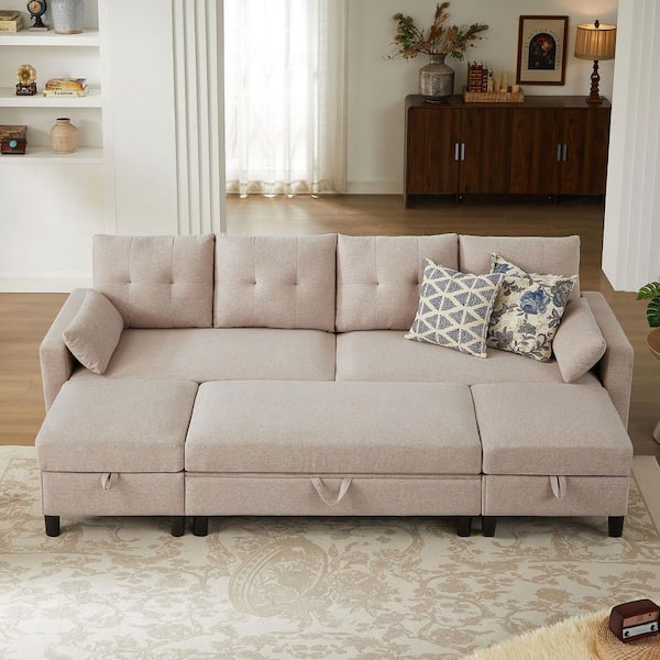 STICKON 100.79 in. Wide Beige Pillow Top Arm Fabric 4-Seater Rectangle Sectional Sofa with Sleeper Bed Feature