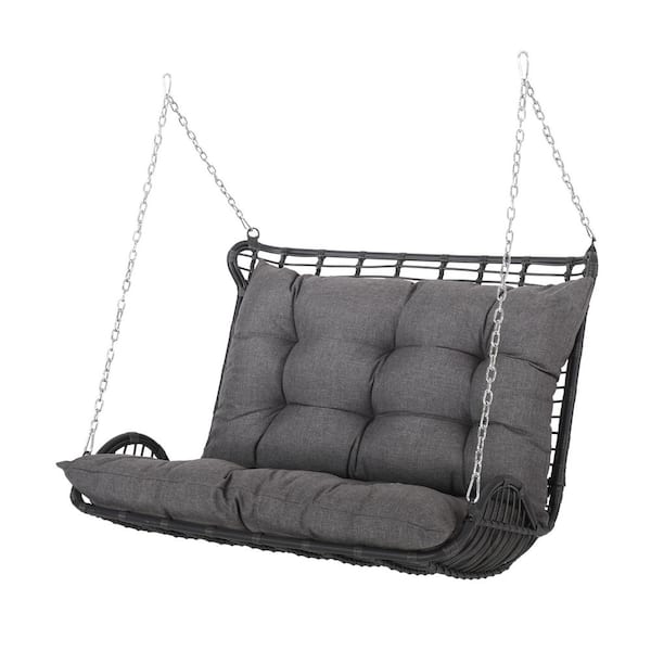 Noble House Hurlbut 2-Person Gray Wicker Porch Swing with Dark Gray Cushions