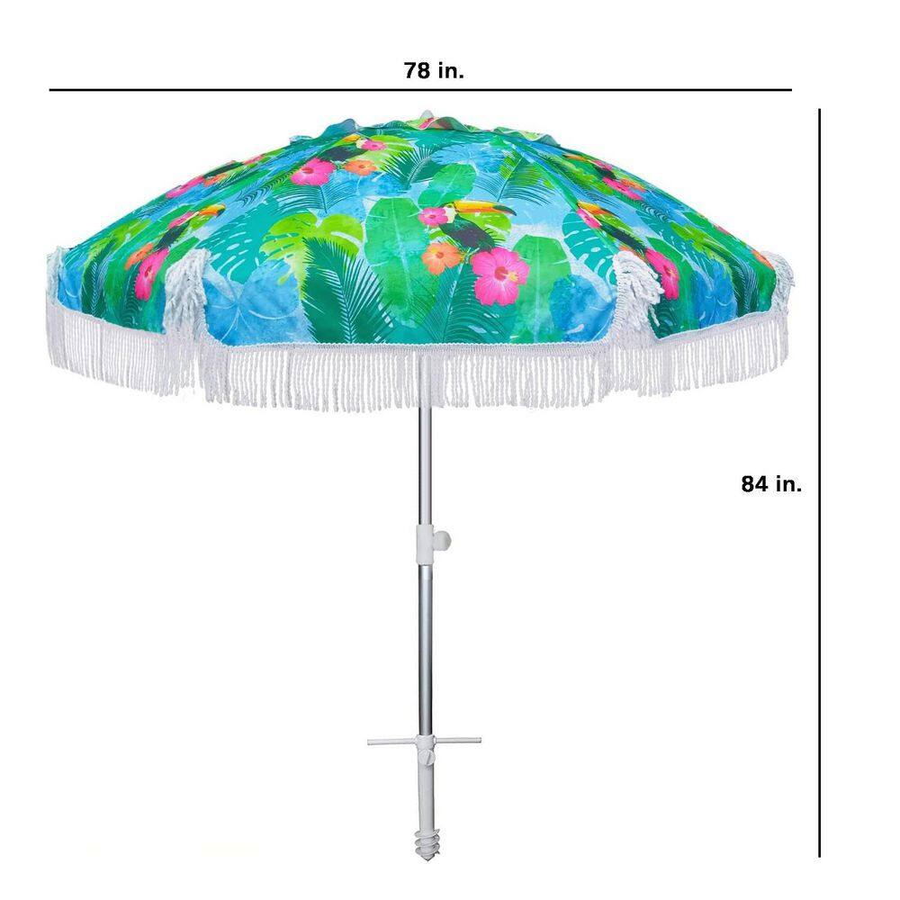 6.5ft Blue Polyester Beach Umbrella with Fringe and Metal Pole