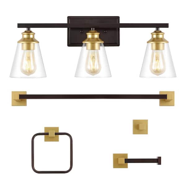 JONATHAN Y Arlo 22.88 in. 3-Light Classic VanityLight with Bathroom Hardware Acessory Set Oil Rubbed Bronze/Gold Painting (5-Piece)