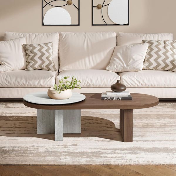 Travertine-Style 47.24 in. Walnut Finish Oval MDF Wood Coffee Table
