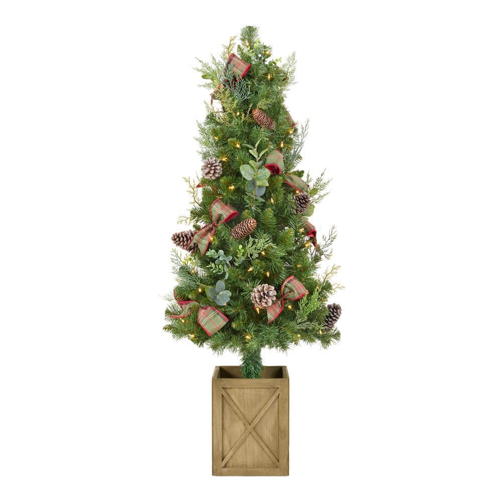 Home Accents Holiday 4 5 Ft Woodmoore Mixed Pine Potted Pre Lit Artificial Christmas Tree With 70 Warm White Mini Lights Chzh3812070h4 The Home Depot