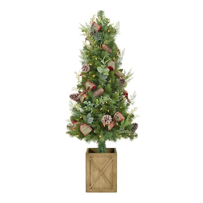 4.5 ft Woodmoore Mixed Pine Potted Pre-Lit Artificial Christmas Tree with 70 Warm White Mini Lights