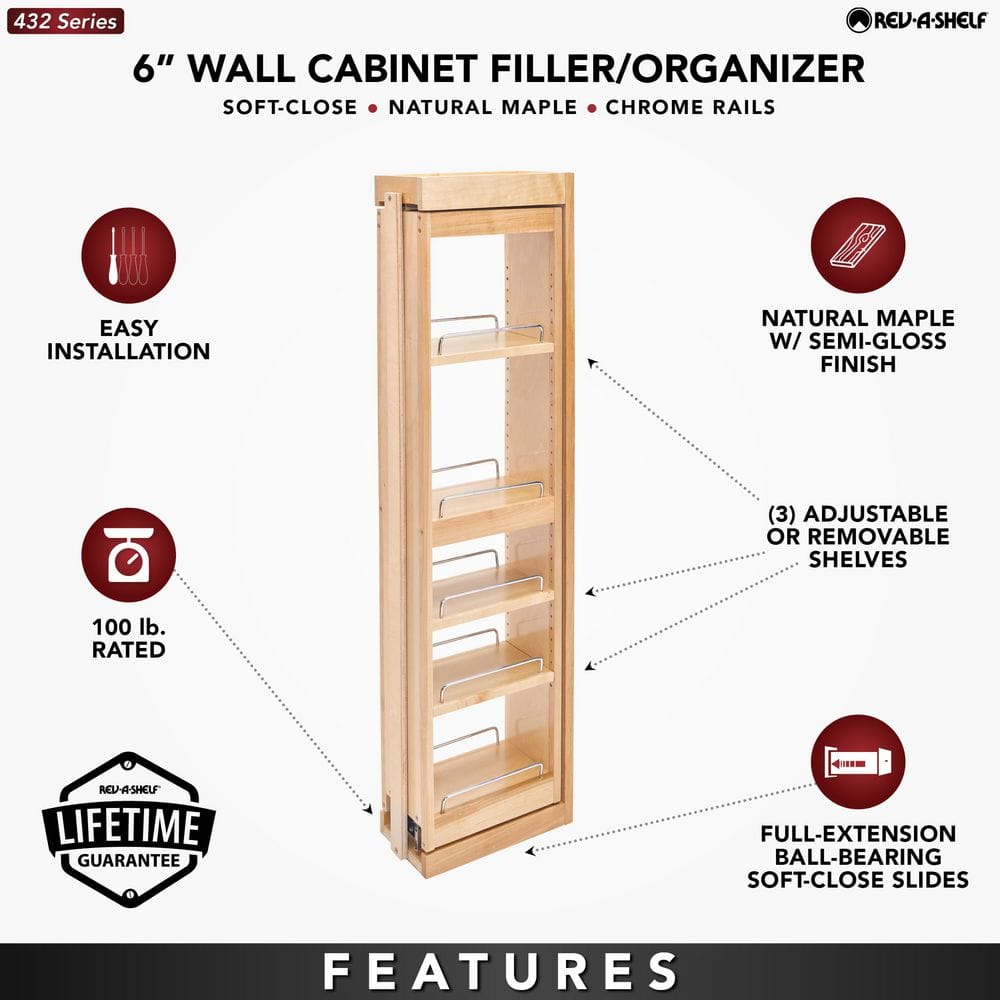 Maple Wood Pull-Out Wall Cabinet Organizer with Chrome Rails