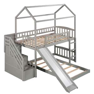 41.60 in. W Gray Twin Bunk Bed with 2-Drawers and Slide, House Bed with Slide