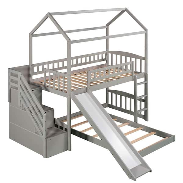 Z-joyee 41.60 in. W Gray Twin Bunk Bed with 2-Drawers and Slide, House Bed with Slide