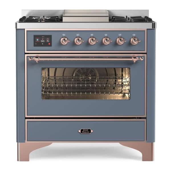Majestic II 36 in. Single Oven Dual Fuel Range with 6 Sealed Burners, Glass Door, Copper Trim in Blue Grey