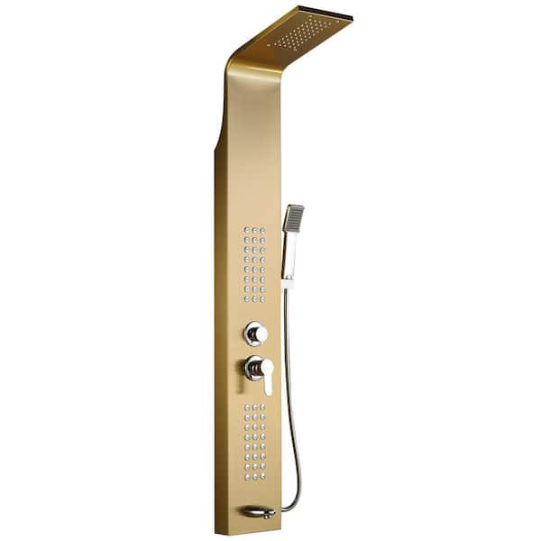 5-Jet Rainfall Shower Panel System with Rainfall Waterfall Shower Head and Shower Wand in Brushed Gold