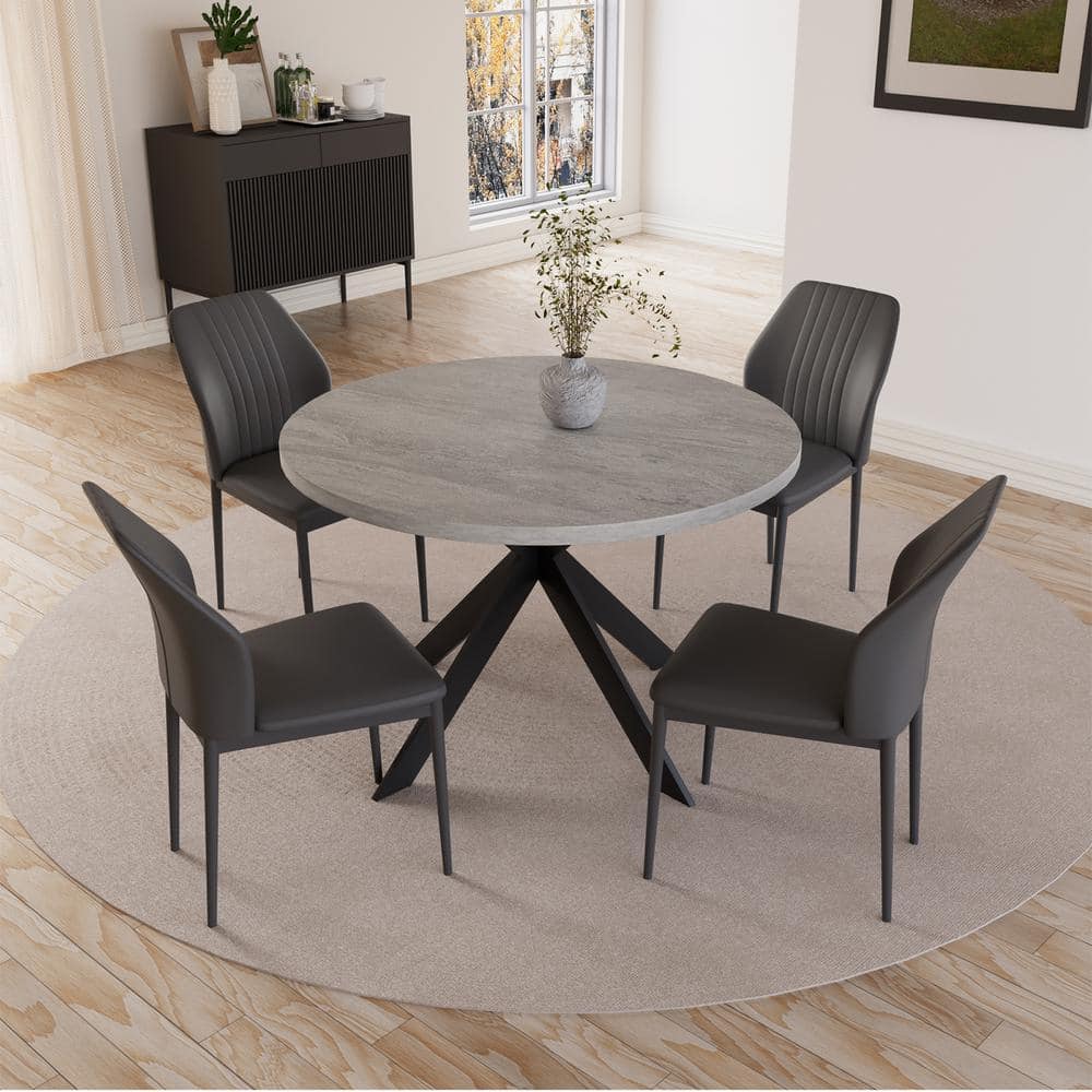 5-Piece Round Gray Dining Table Set with 4 Black Chairs for Dining Kitchen Room -  GOJANE, WF290791LWYAAP