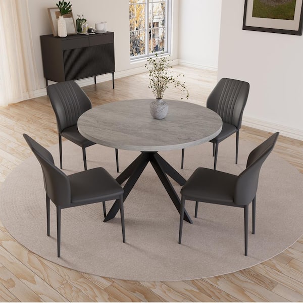 GOJANE 5-Piece Round Gray Dining Table Set with 4 Black Chairs for Dining Kitchen Room