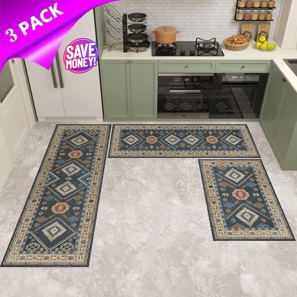 Blue 60 in. x 20 in. Indoor Kitchen Floor Mat Carpet, Washable Non Slip Kitchen Runner Rug, Kitchen Rugs Sets of 3