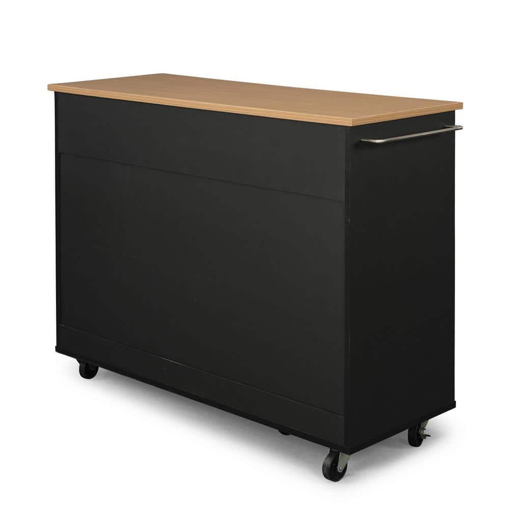 Black Wood Kitchen Cart with Natural Laminate Top and Storage
