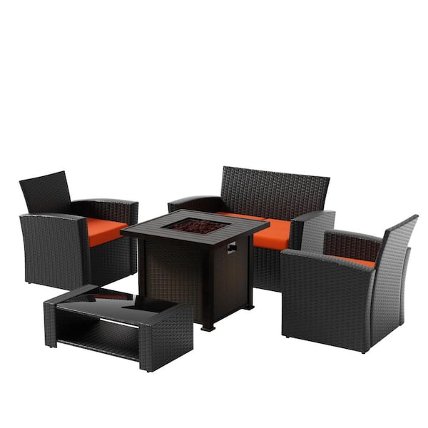 WESTIN OUTDOOR Valencia Black 5-Piece Wicker Patio Fire Pit Conversation Set with Orange Cushions