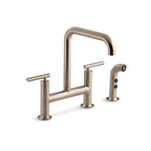 Purist Two-Hole Double Handle Bridge Kitchen Faucet With Side Sprayer in Vibrant Brushed Bronze
