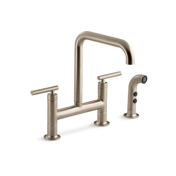 KOHLER Purist Two-Hole Double Handle Bridge Kitchen Faucet With Side Sprayer in Vibrant Brushed Bronze