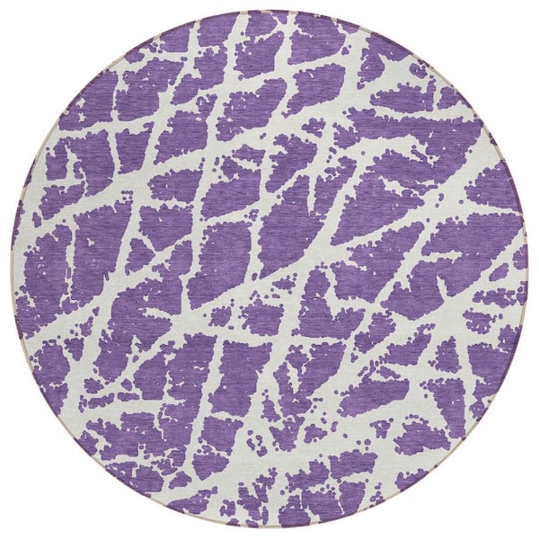 HomeRoots Purple and White 8 ft. Round Abstract Indoor / Outdoor Area Rug