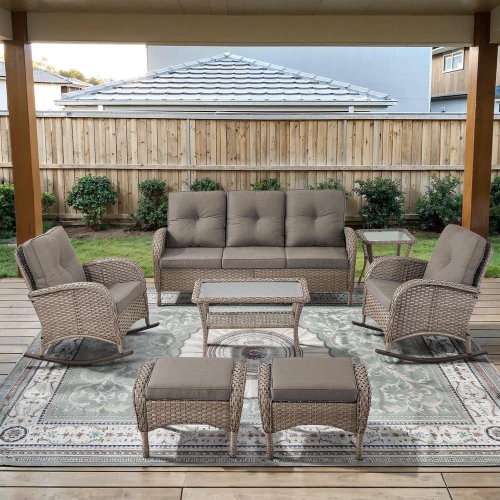 PlainCurve 7-Piece Gray Wicker Patio Conversation Set with Rocking Chairs and Olefin Gray Cushions price history on PriceWatchPro