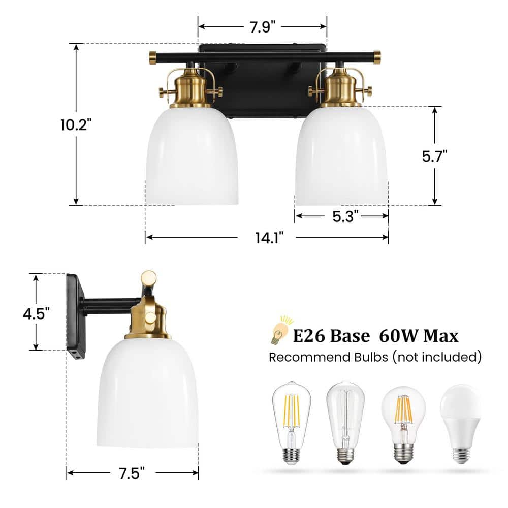 14-Inch Black and Gold Metal Vanity Light with White Glass Shades