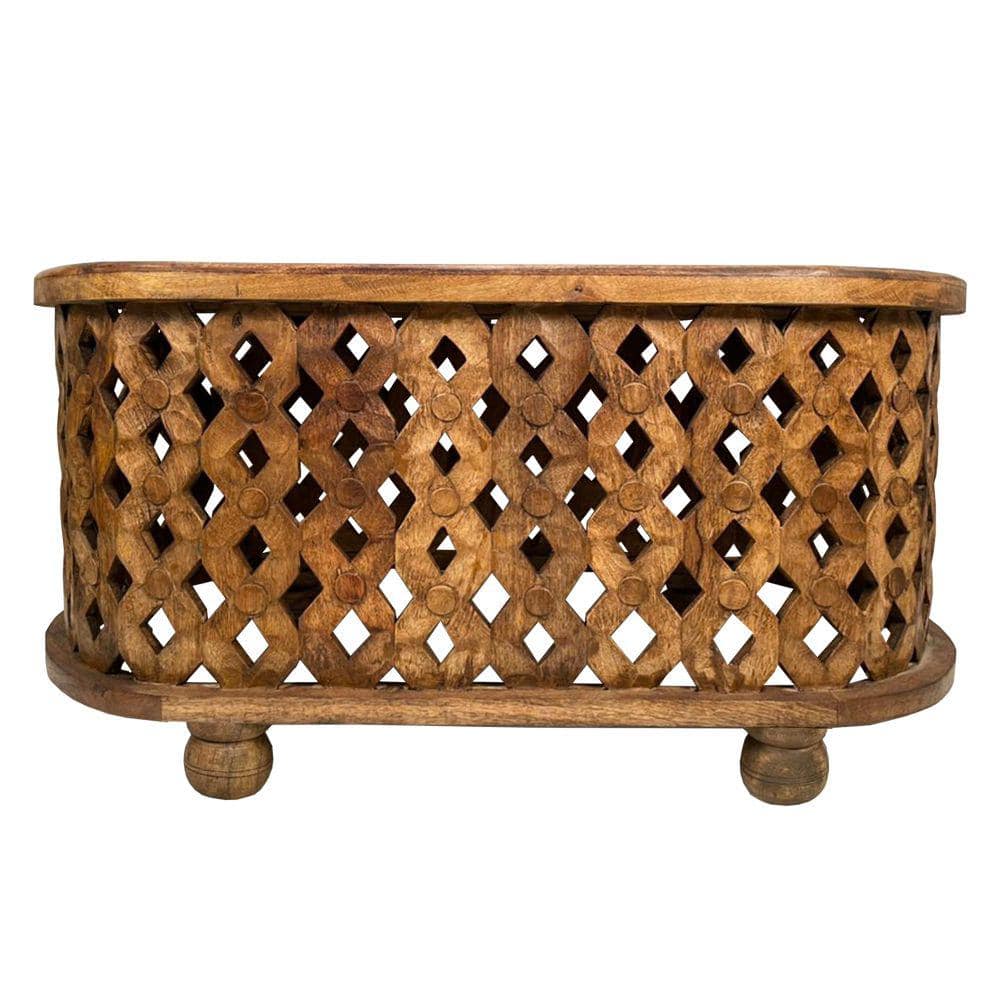Antique Brown Oval Mango Wood Coffee Table with Cutout Design
