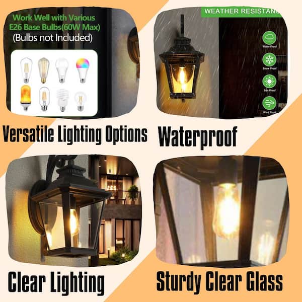 2-Pack Black Outdoor Wall Lanterns,Waterproof Wall Sconce with Clear Glass Panels,Vintage Exterior Light Fixture,No Bulb