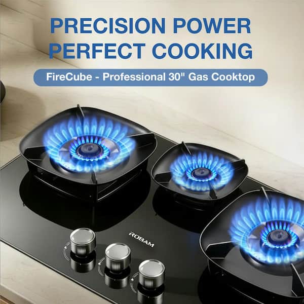 7B7H30 30 in. 3 Burners Recessed Glass Gas Cooktop in Black with Sealed Brass Burners, R-Link and 41800 BTU