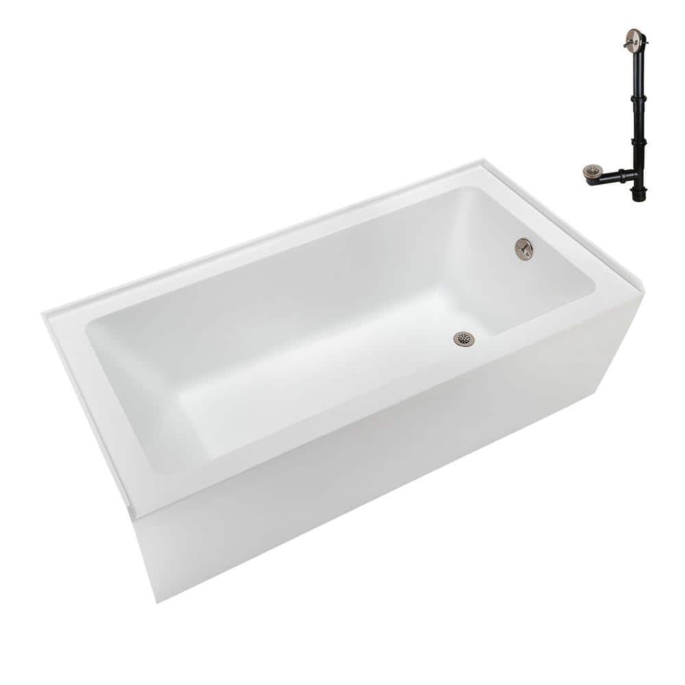 Glossy White Acrylic Right-Hand Drain Alcove Bathtub with Brushed Nickel Drain