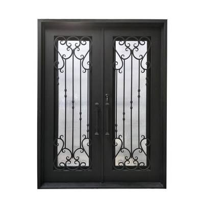 72 in. x 96 in. Matte Black Right-Hand Inswing 1 Lite Clear Double-Glazed Iron Prehung Front Door